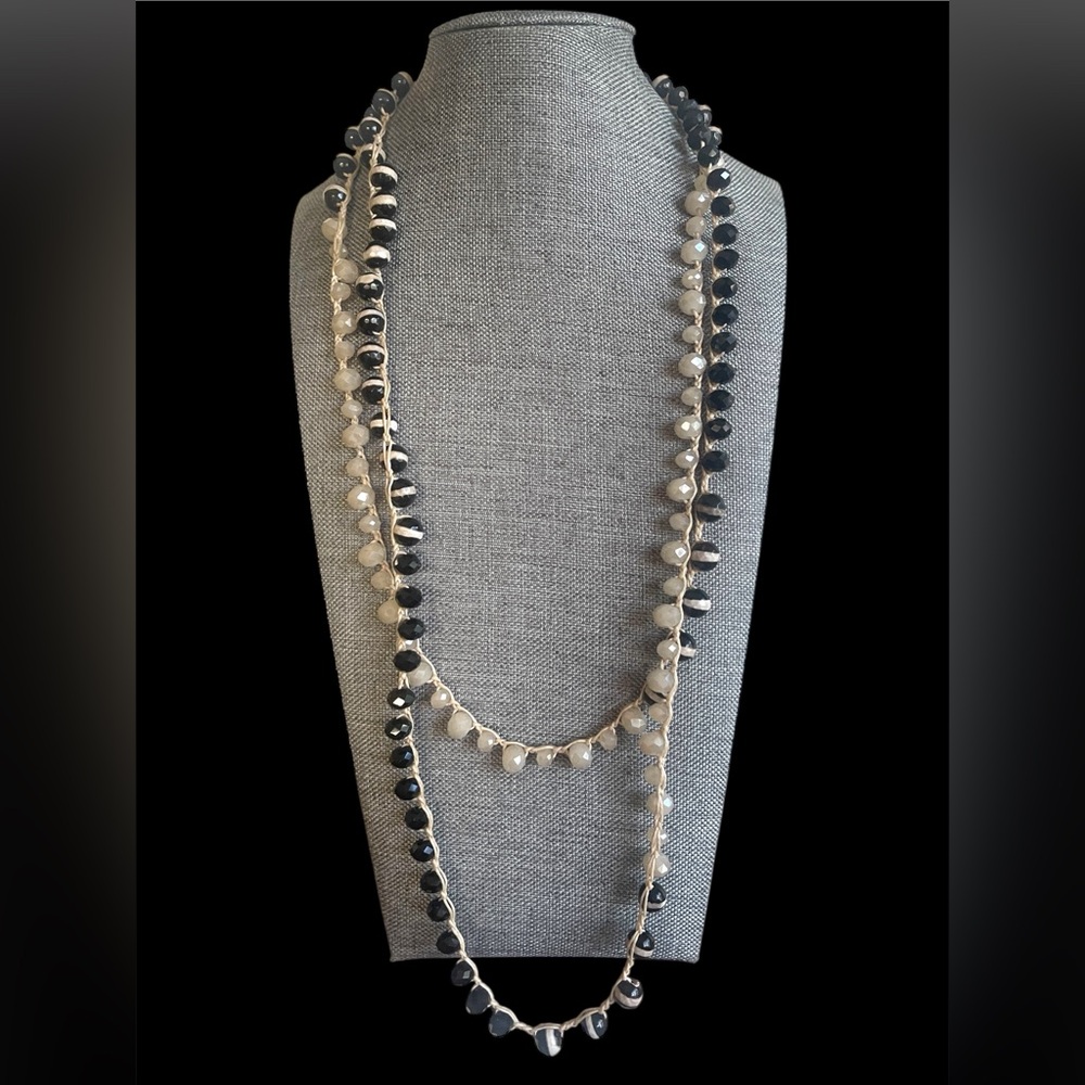 Dzi White Band Black Agate and Faceted Milky Quartz Hand Knotted Long Necklace